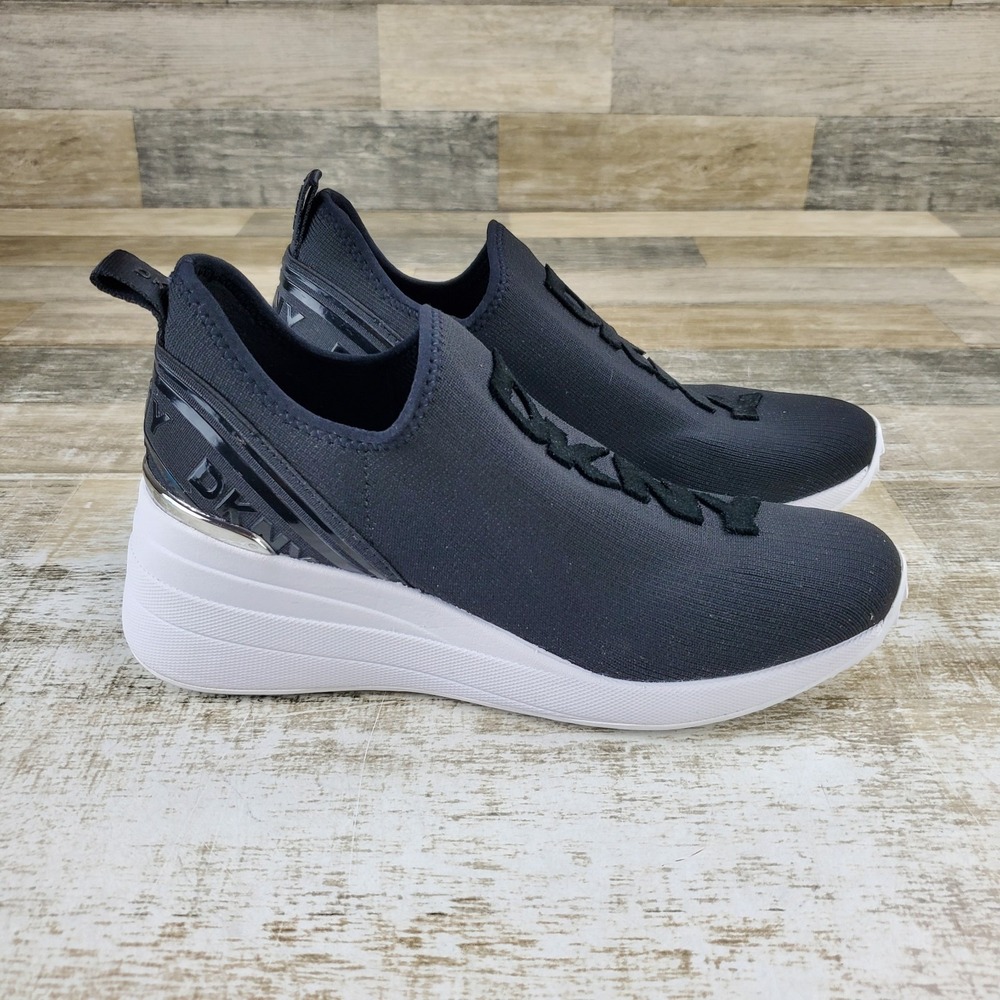 Dkny Keeva Womens Wedge Shoes Sz 8.5 M Black knit Round Toe Slip On Sneakers